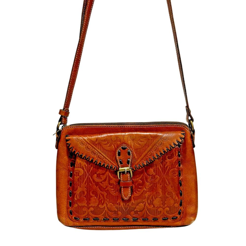 Vintage Patricia Nash Bohemian Brown Tooled Italian Leather Shoulder Bag Purse